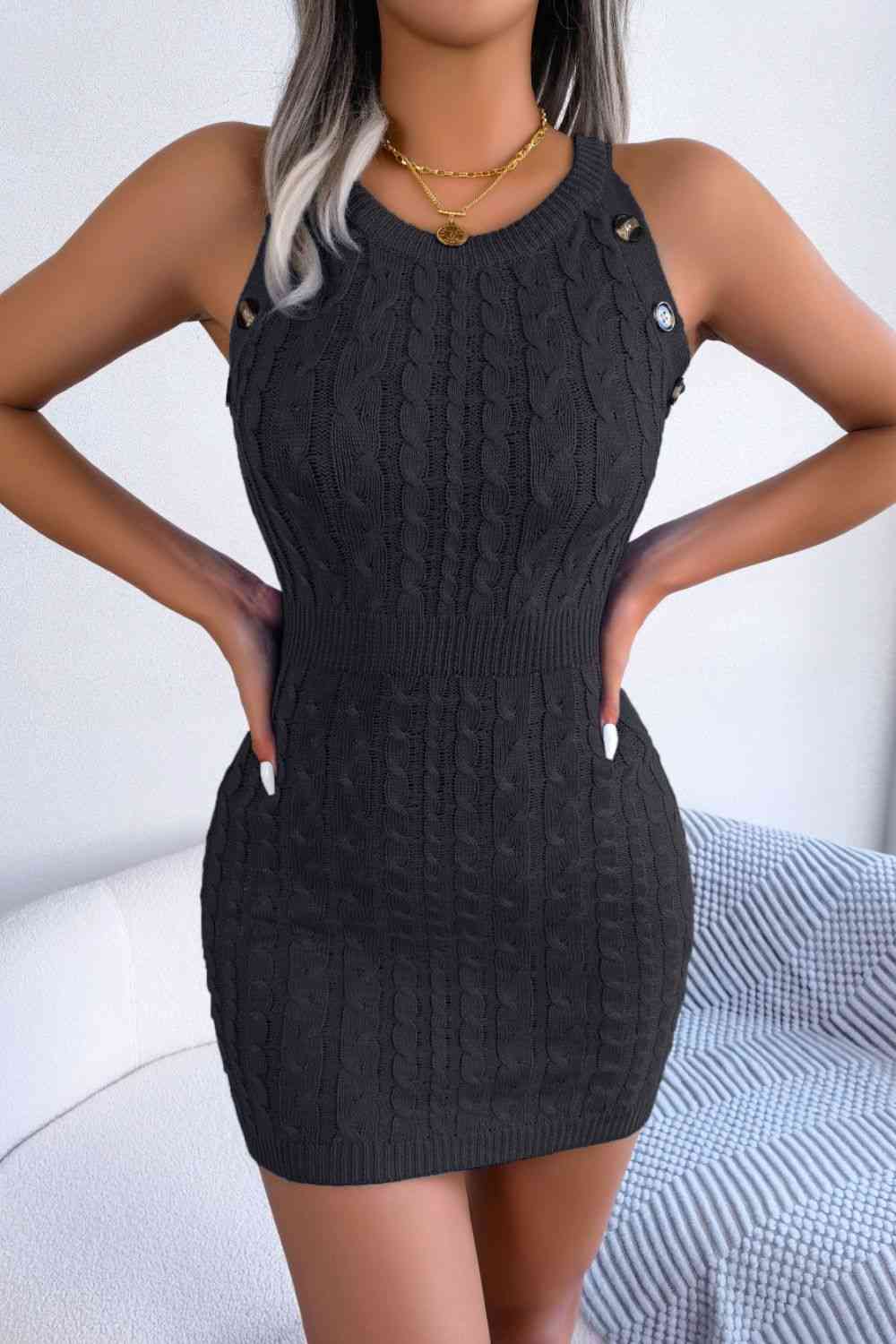 Decorative Button Sleeveless Cable-Knit Dress - Ladyez