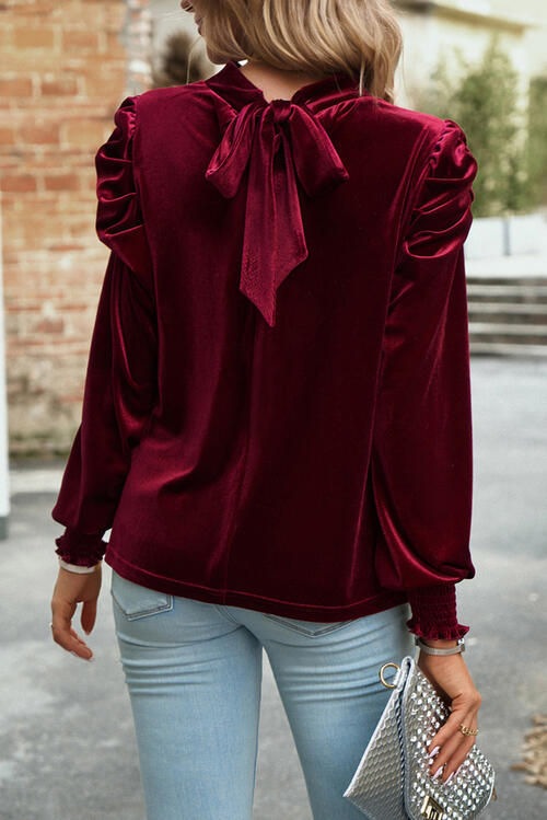 Tie Up Mock Neck Velvet Fabric Long Sleeve Blouse - Ladyez