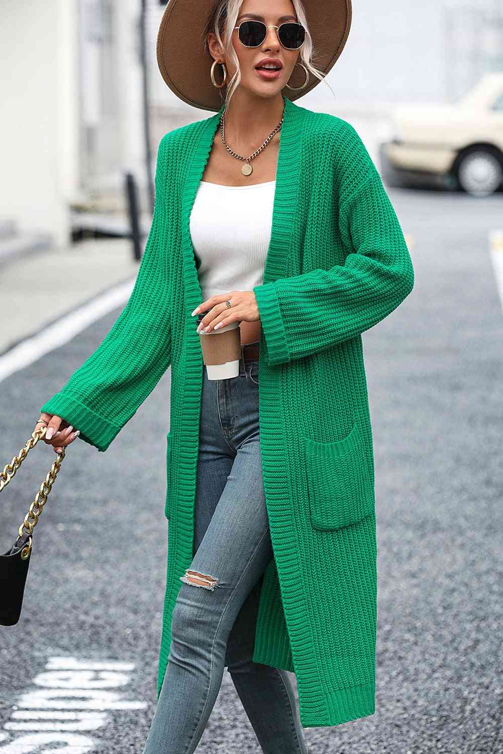 Dropped Shoulder Long Sleeve Cardigan with Pocket - Ladyez