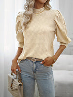 Texture Ruff Sleeve Mock Neck Blouse - Ladyez