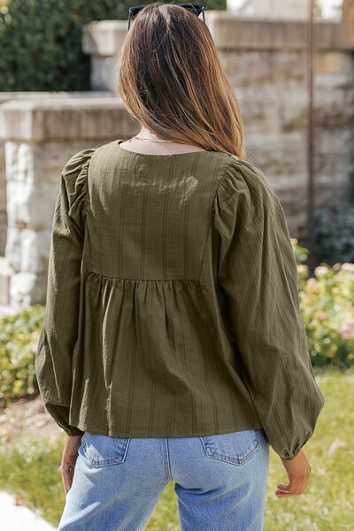 Embroidered Tassel Tie Neck Balloon Sleeve Blouse - Ladyez