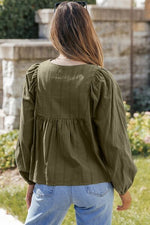 Embroidered Tassel Tie Neck Balloon Sleeve Blouse - Ladyez