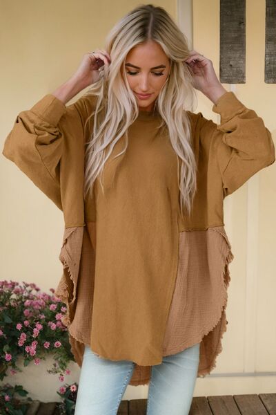 Contrast Texture Round Neck Long Sleeve Blouse - Ladyez