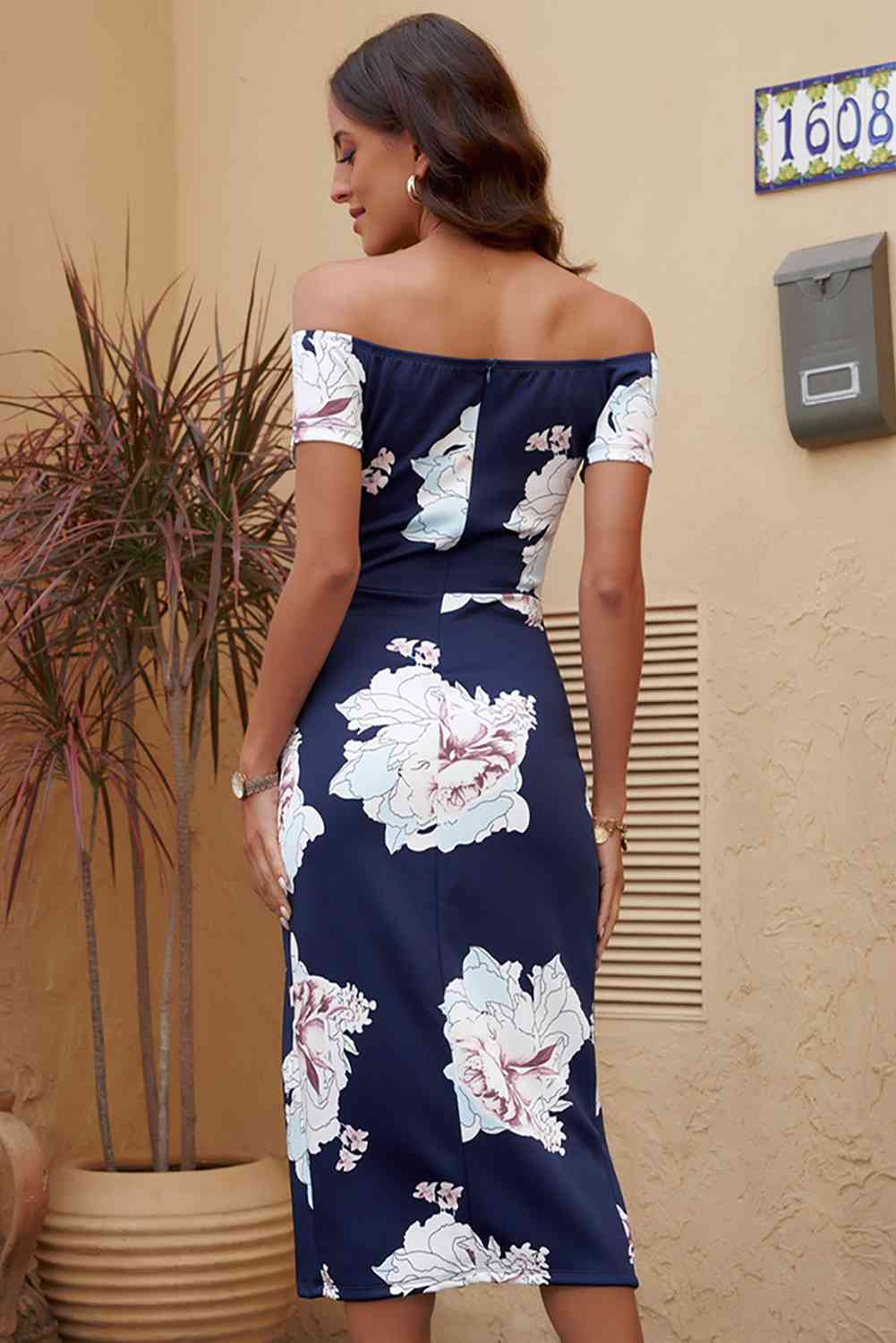 Printed Off-Shoulder Split Dress - Ladyez