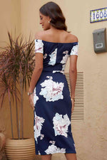 Printed Off-Shoulder Split Dress - Ladyez