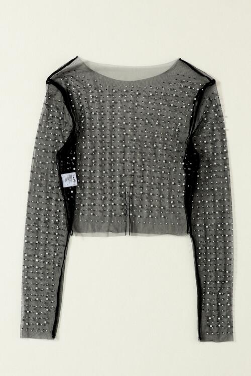 Pearl Long Sleeve Mesh Cropped Top - Ladyez