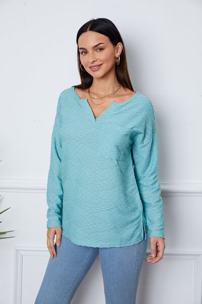 Texture Notched Drop Shoulder Top - Ladyez