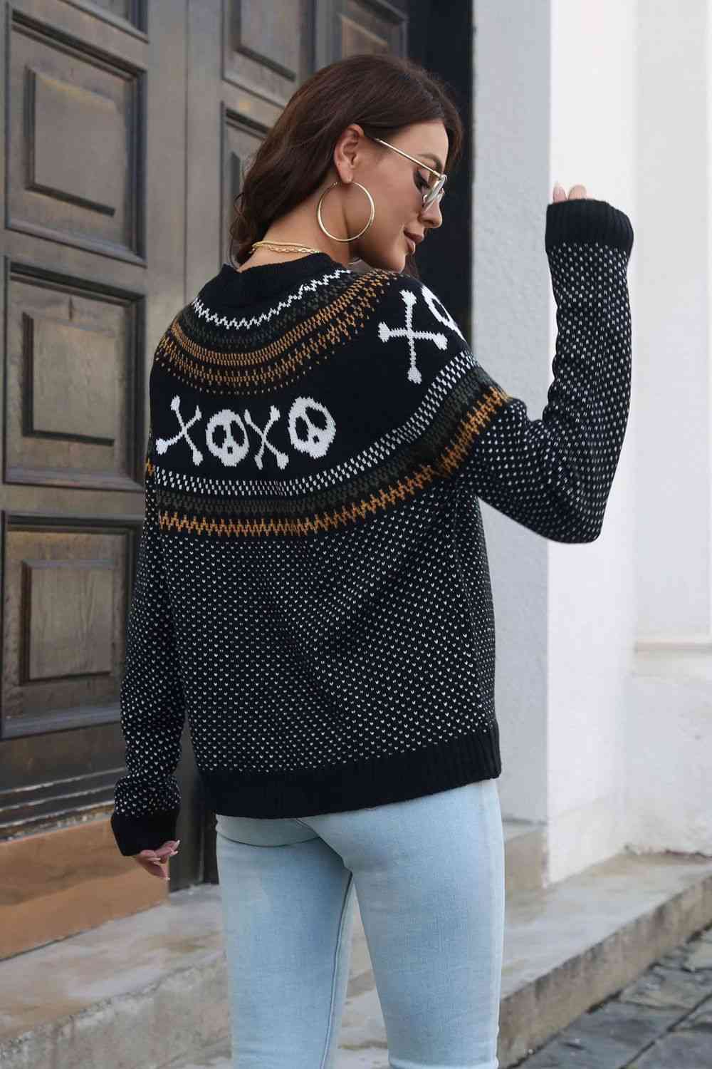 Ghost Pattern Round Neck Long Sleeve Sweater - Ladyez