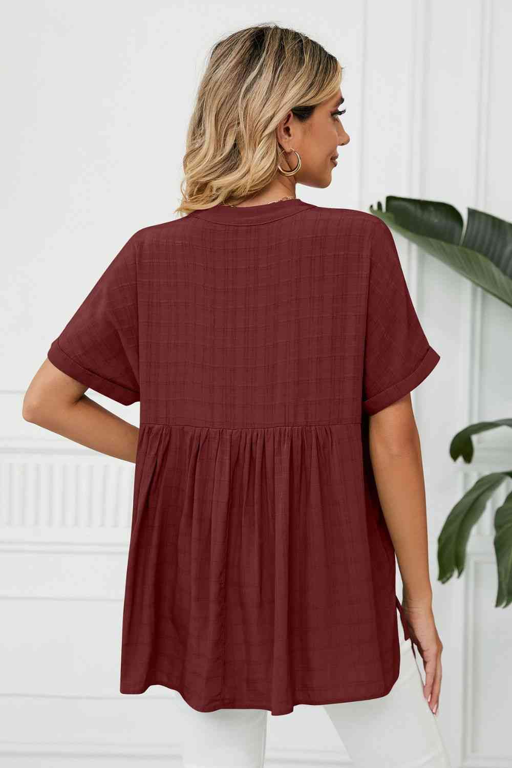 Side Slit Notched Neck Cuffed Short Sleeve Blouse - Ladyez