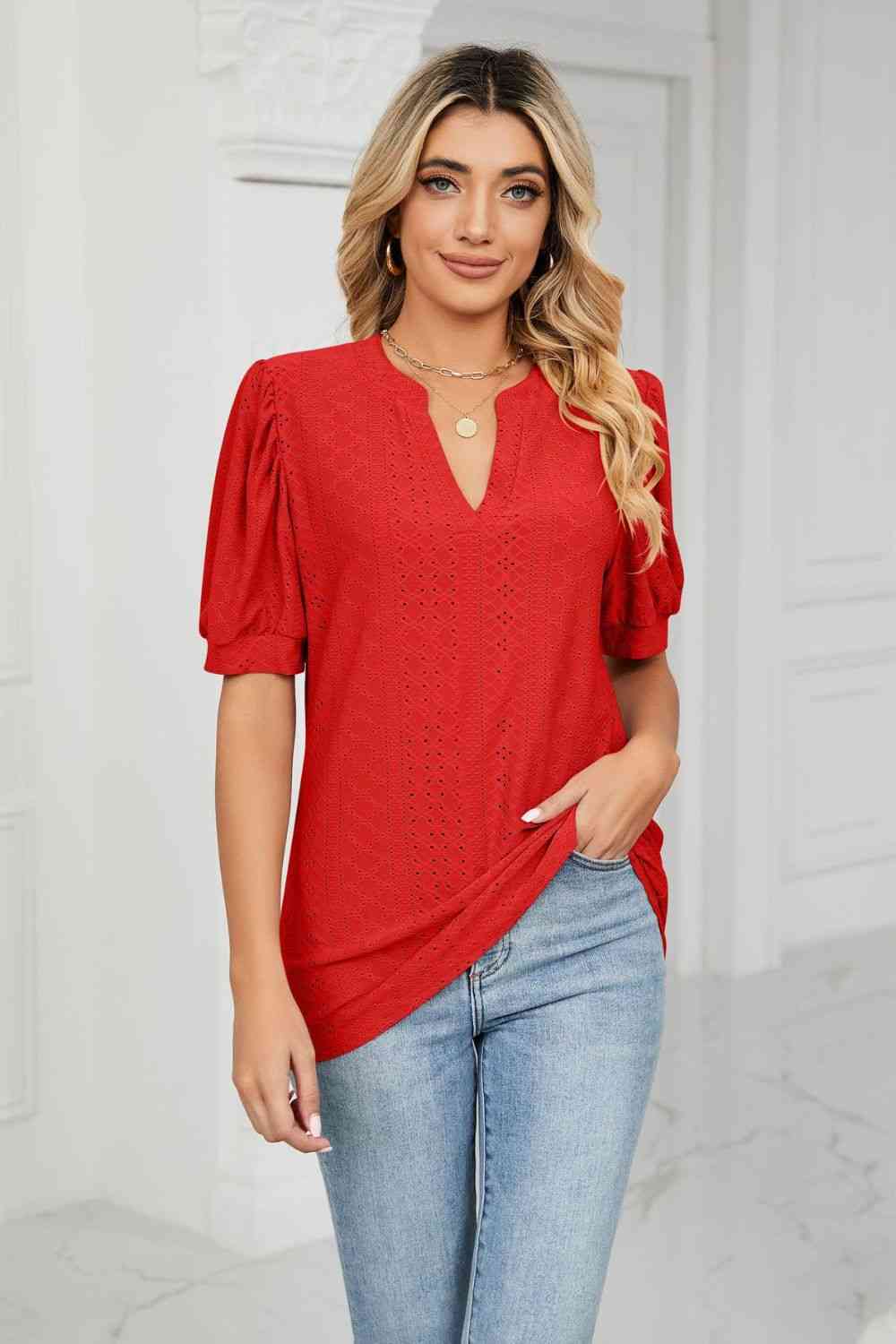 Eyelet Short Puff Sleeve Notched Neck Top - Ladyez