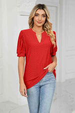 Eyelet Short Puff Sleeve Notched Neck Top - Ladyez