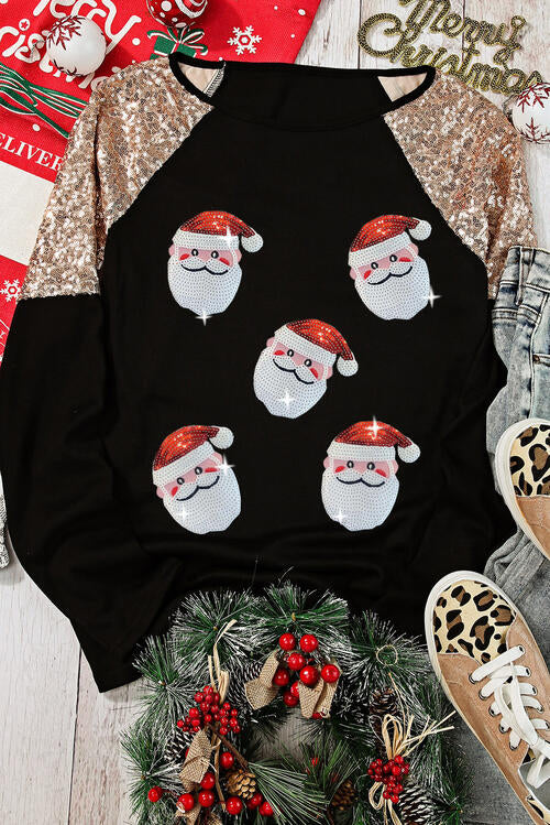 Santa Sequin Long Sleeve Round Neck Top - Ladyez