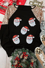 Santa Sequin Long Sleeve Round Neck Top - Ladyez
