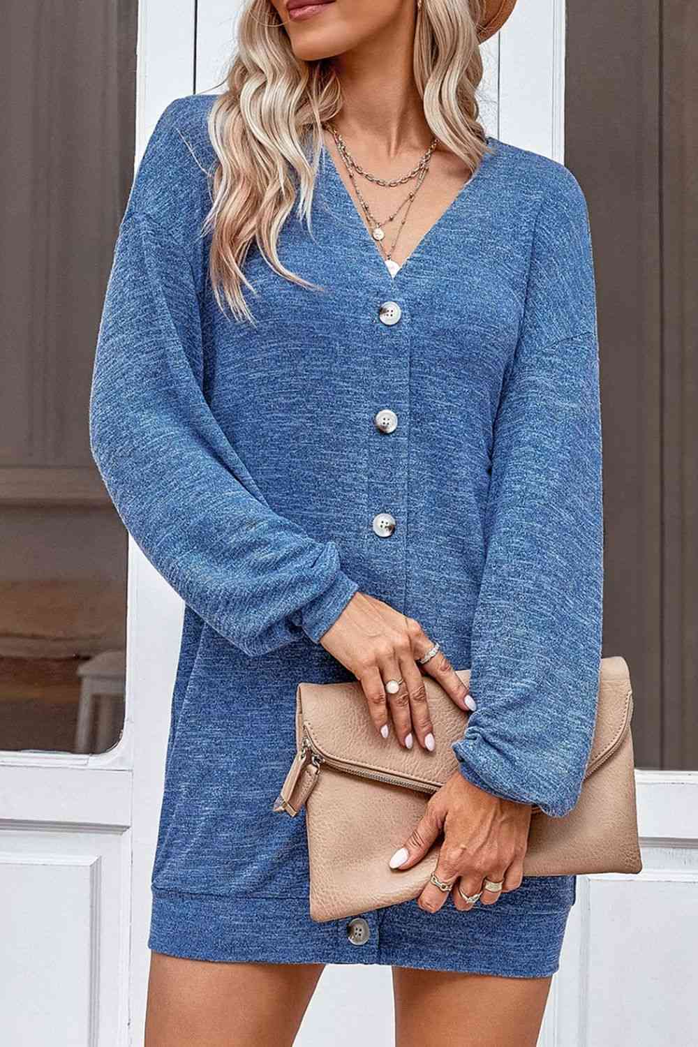 Buttoned V-Neck Long Sleeve Cardigans - Ladyez