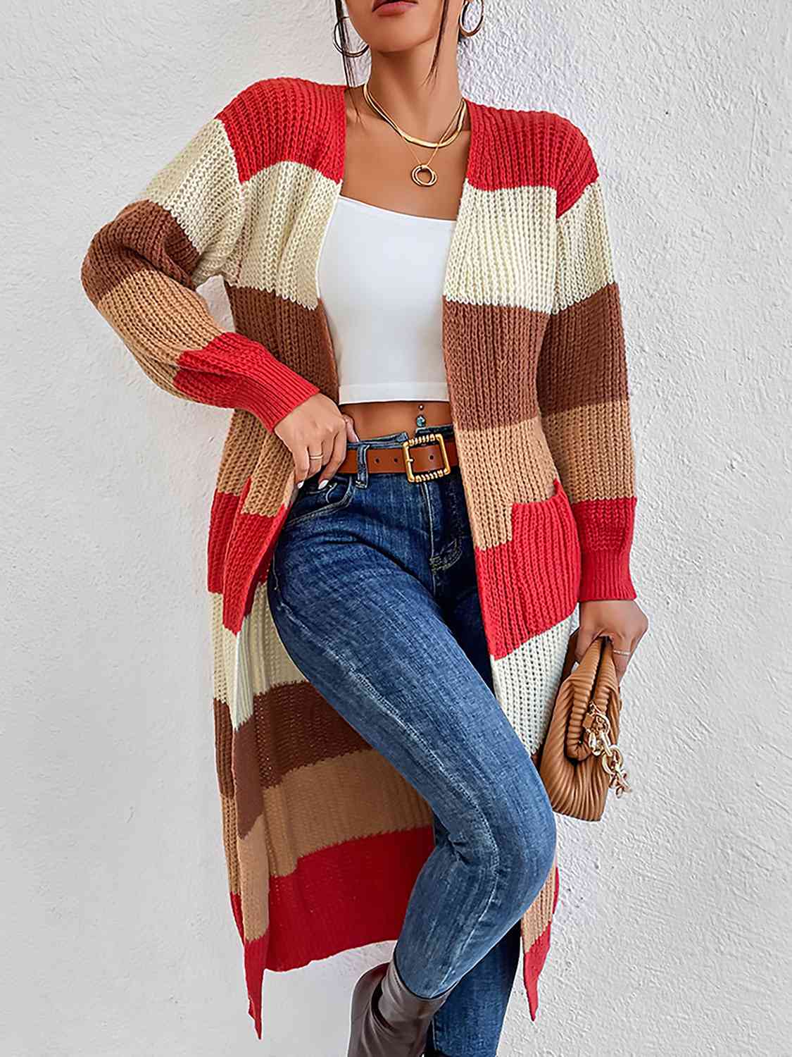 Color Block Open Front Longline Cardigan - Ladyez