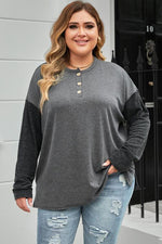 Plus Size Round Neck Long Sleeve Buttoned Blouse - Ladyez