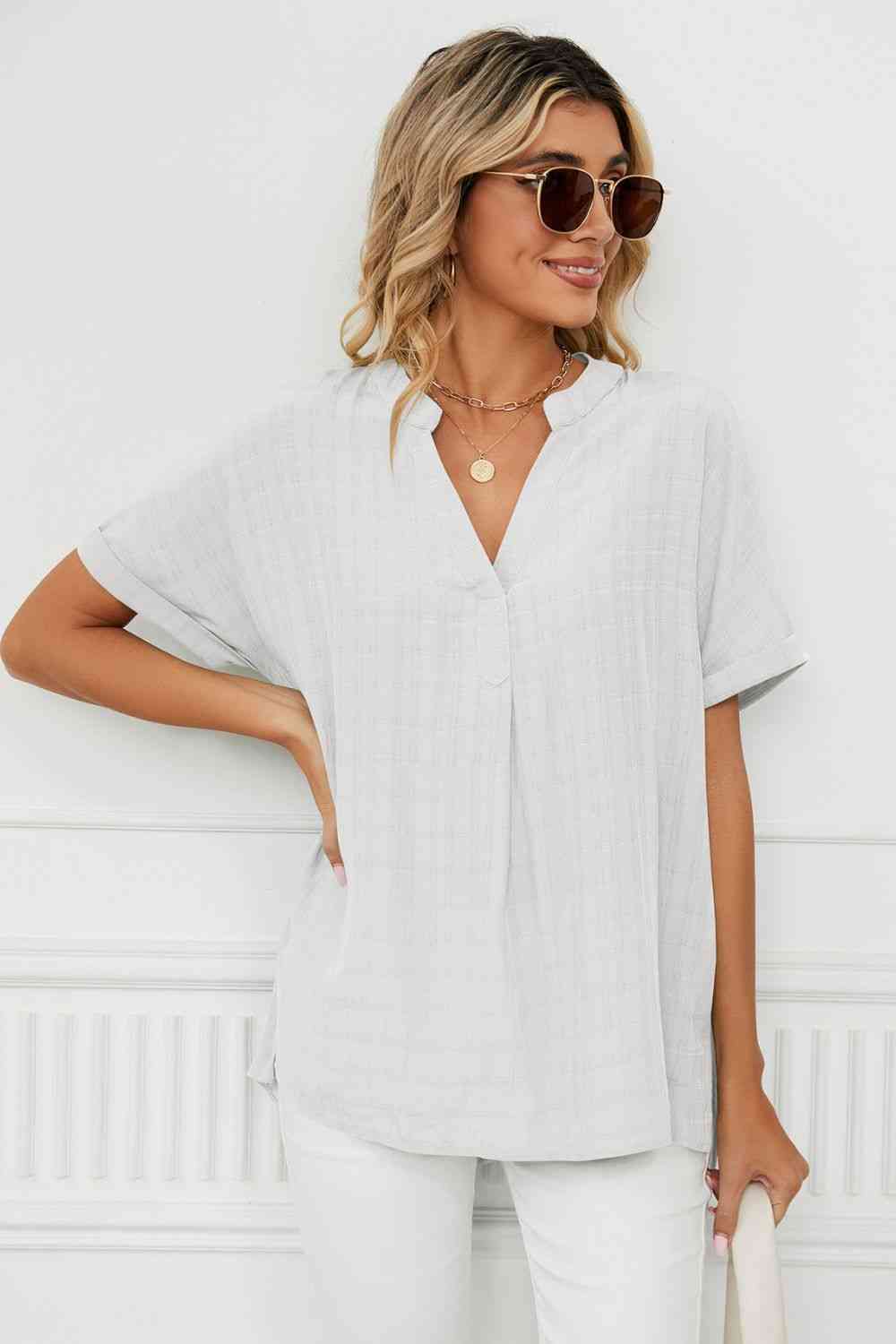 Side Slit Notched Neck Cuffed Short Sleeve Blouse - Ladyez