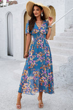 Smocked Floral V-Neck Short Sleeve Dress - Ladyez