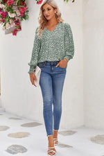 Printed V-Neck Smocked Lantern Sleeve Blouse - Ladyez