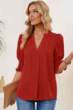 Smocked Flounce Sleeve Notched Neck Blouse - Ladyez