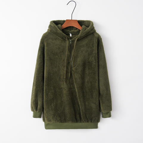 Quarter-Zip Drawstring Teddy Hoodie - Ladyez