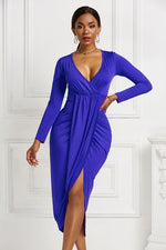 High-low Ruched Surplice Long Sleeve Dress - Ladyez
