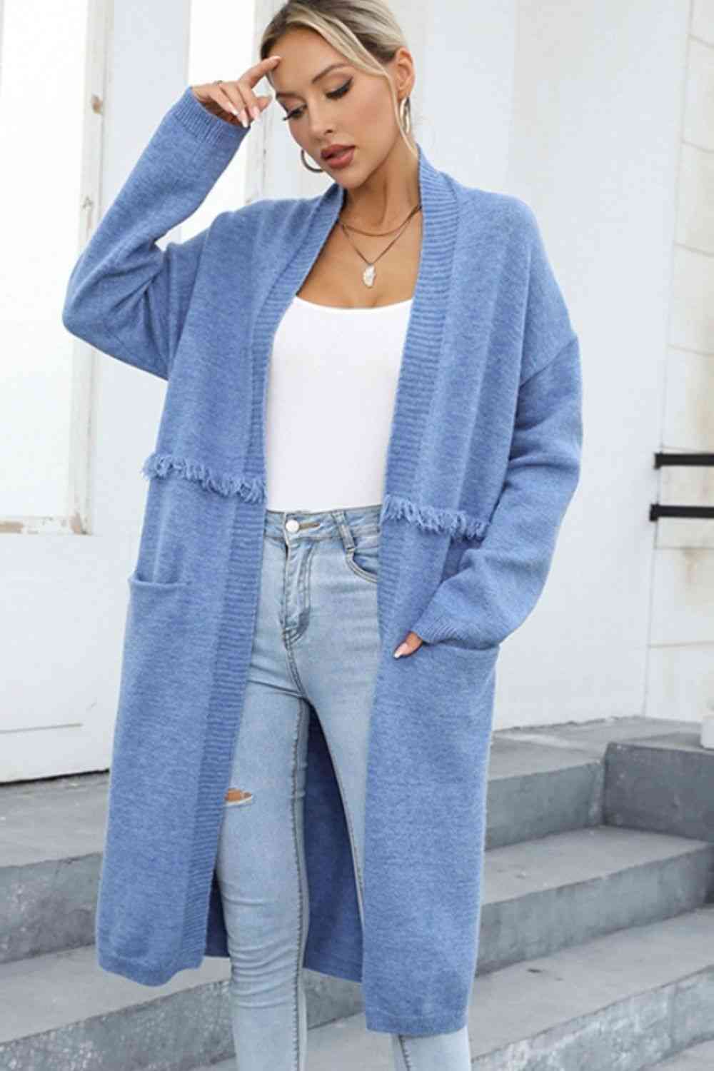 Open Front Pocketed Cardigan - Ladyez