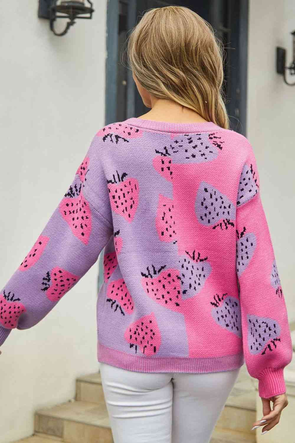 Printed V-Neck Button-Down Long Sleeve Cardigan - Ladyez