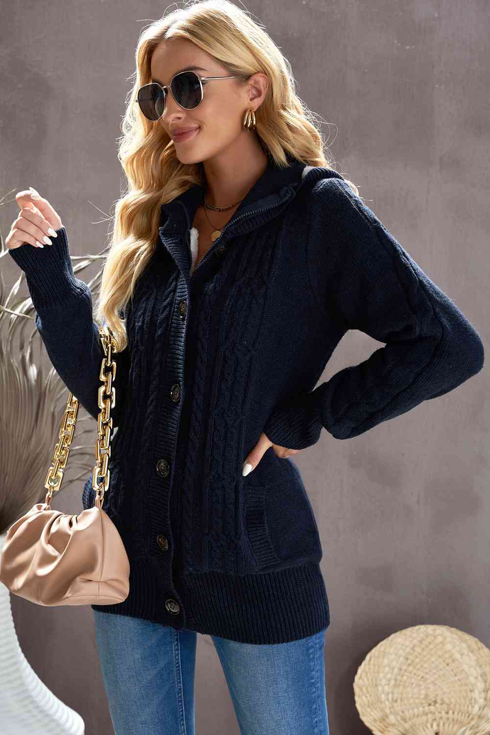 Cable-Knit Fleece Lining Button-Up Hooded Cardigan - Ladyez