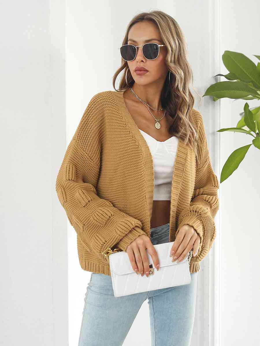 Open Front Ribbed Trim Cardigan - Ladyez