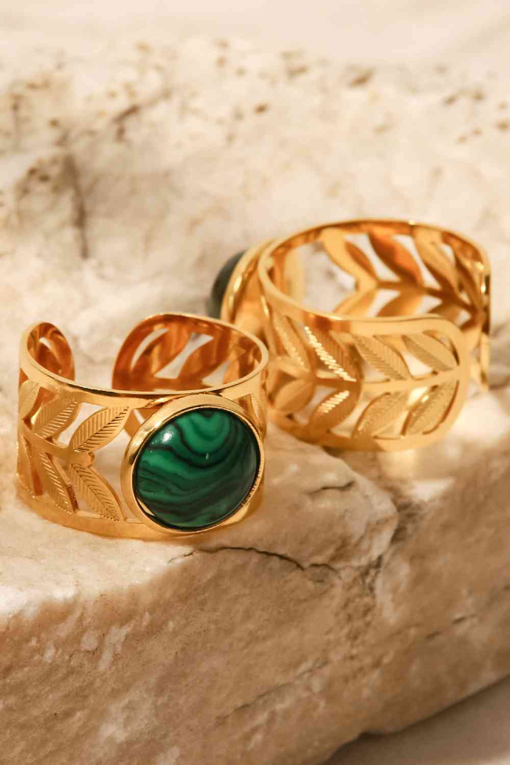 18k Gold Plated Malachite Leaf Ring - Ladyez
