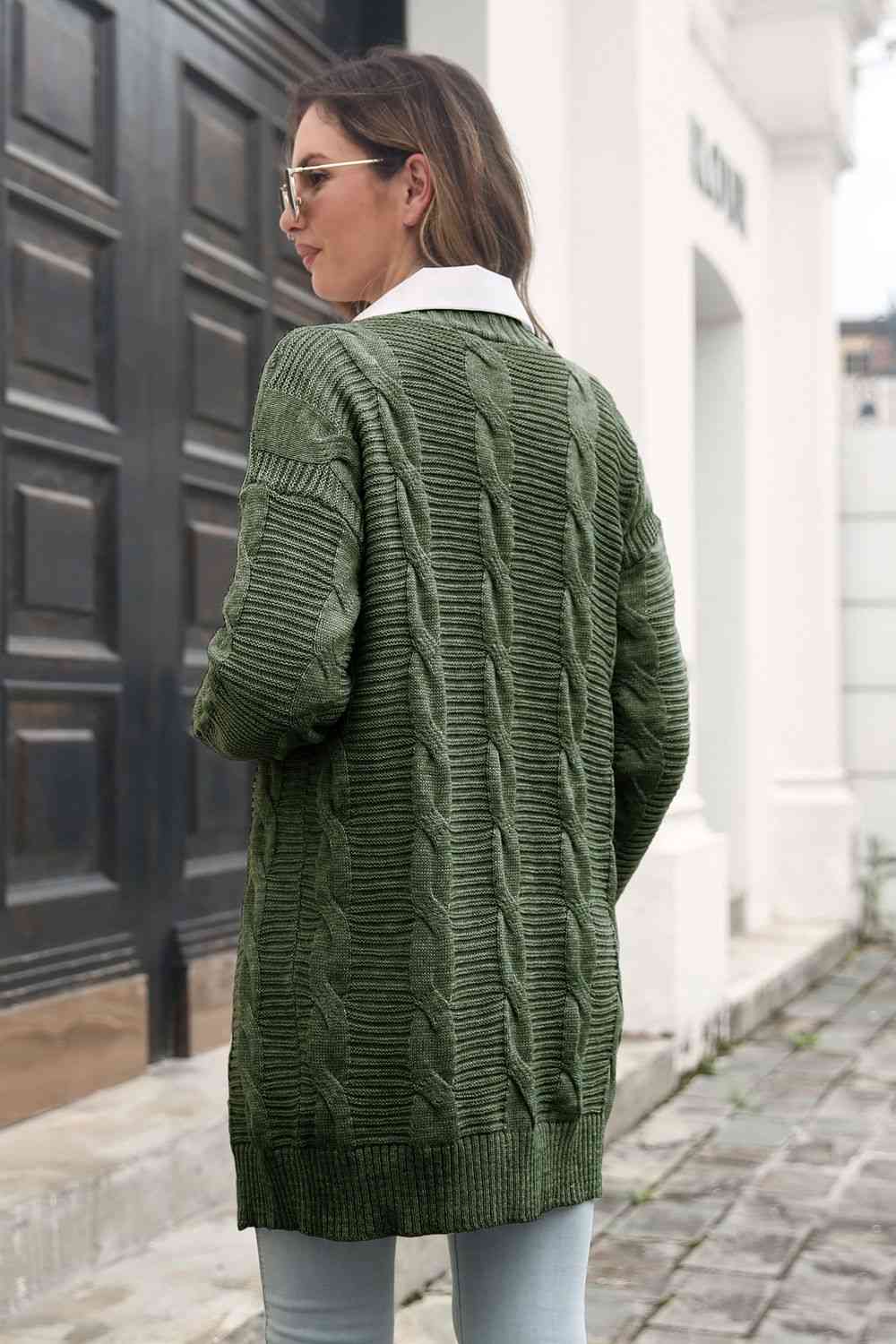 Open Front Cable-Knit Cardigan - Ladyez