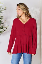 Double Take Half Button Long Sleeve Ruffle Hem Blouse - Ladyez