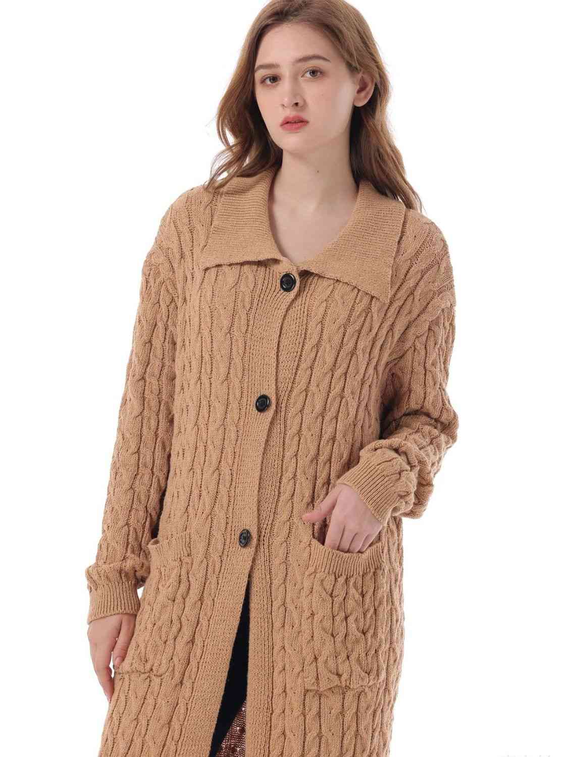 Cable-Knit Collared Neck Cardigan with Pockets - Ladyez