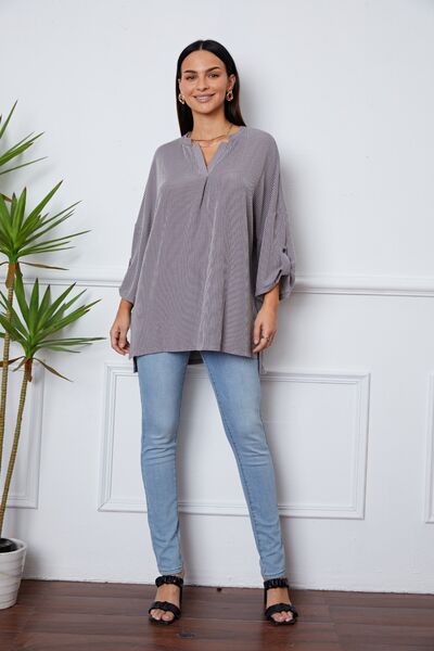 Notched Roll-Tab Sleeve Blouse - Ladyez