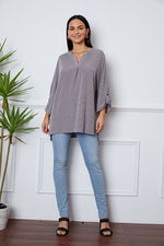 Notched Roll-Tab Sleeve Blouse - Ladyez