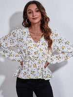 Floral V-Neck Balloon Sleeve Peplum Blouse - Ladyez
