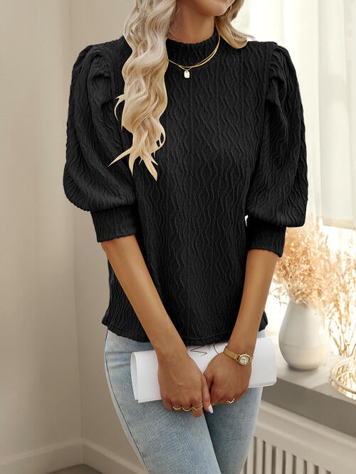 Texture Ruff Sleeve Mock Neck Blouse - Ladyez
