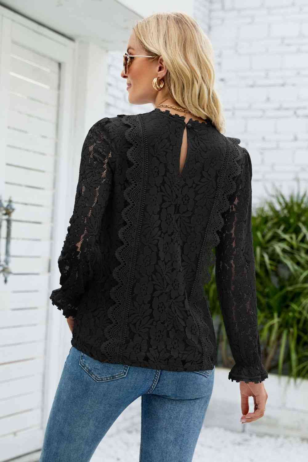 V-Neck Flounce Sleeve Lace Top - Ladyez