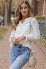 Openwork Notched Flounce Sleeve Blouse - Ladyez
