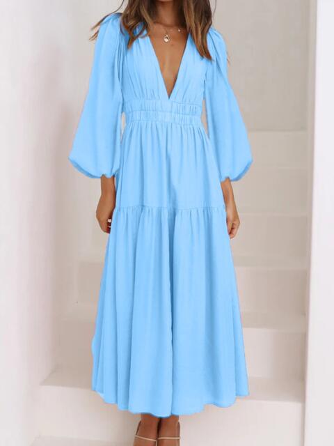 Deep V-Neck Balloon Sleeve Plain Maxi Dress - Ladyez