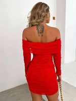 Glitter Mesh Off-Shoulder Ruched Mini Dress - Ladyez