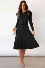 Round Neck Long Sleeve Tie Waist Sweater Dress - Ladyez