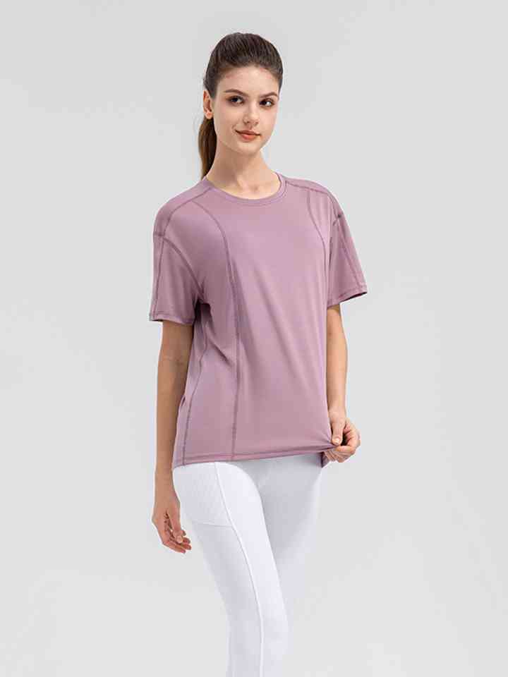 Round Neck Short Sleeve Active Top - Ladyez