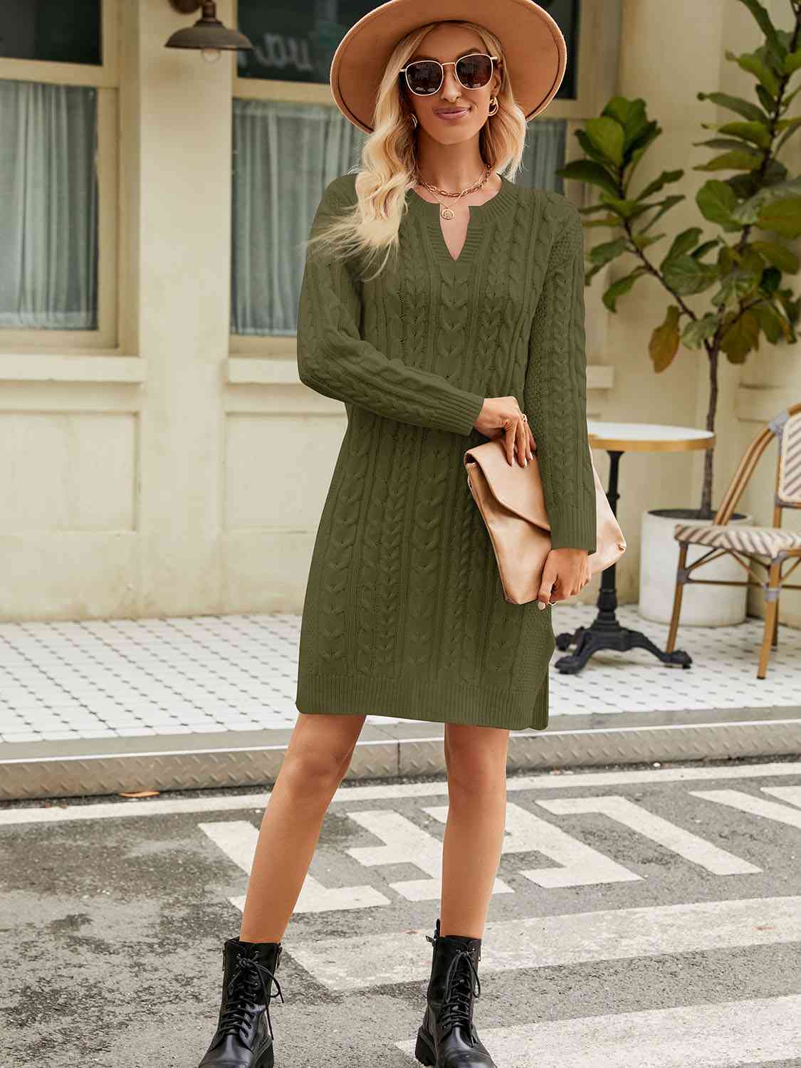 Notched Neck Cable-Knit Slit Sweater Dress - Ladyez