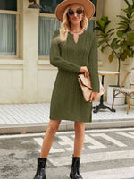 Notched Neck Cable-Knit Slit Sweater Dress - Ladyez
