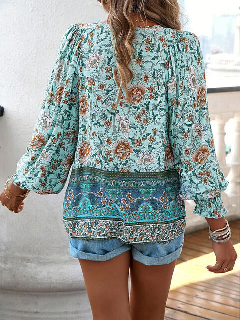 Bohemian Tie Neck Lantern Sleeve Blouse - Ladyez
