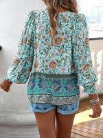 Bohemian Tie Neck Lantern Sleeve Blouse - Ladyez