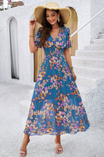 Smocked Floral V-Neck Short Sleeve Dress - Ladyez