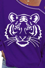 Tiger Graphic Long Sleeve Asymmetrical Neck Top - Ladyez